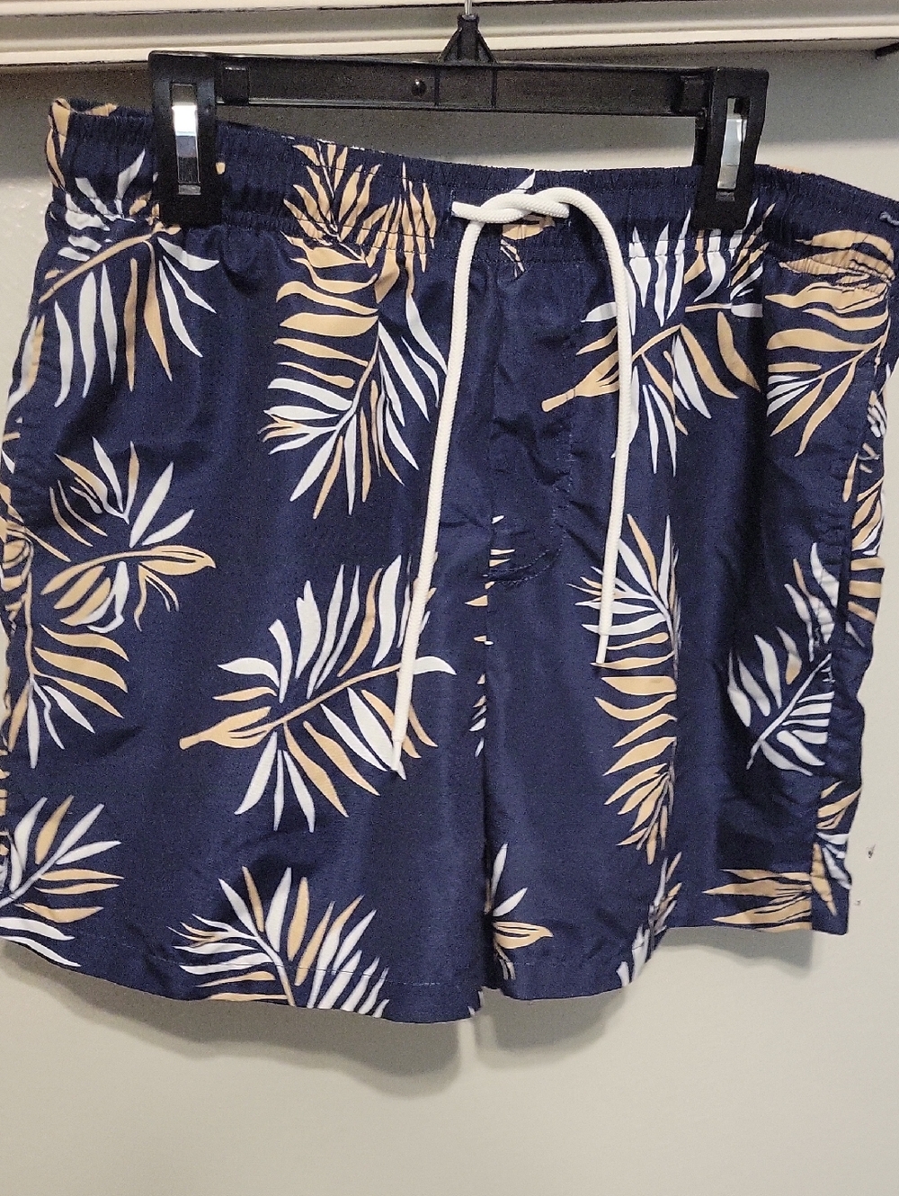 Men's Navy Tropical Print Athletic Swim Shorts with Drawstring